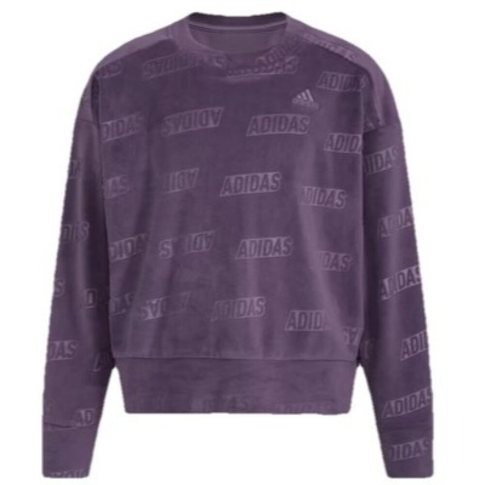 Adidas Girls Youth Purple Long Sleeve Velour Pull Over Crew Neck Sweater Large